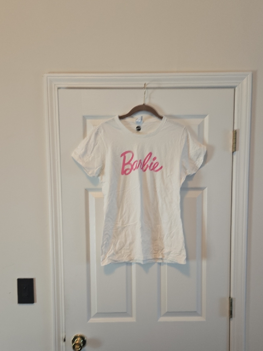 Barbie White Tee with Pink Script Logo - Kids Short Sleeve